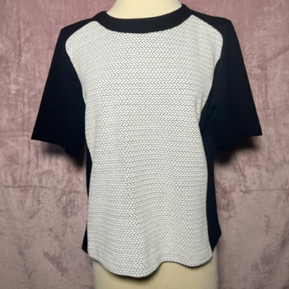 Liz Claiborne Womens Black And White Zip Knit Short Sleeve Blouse Size Large